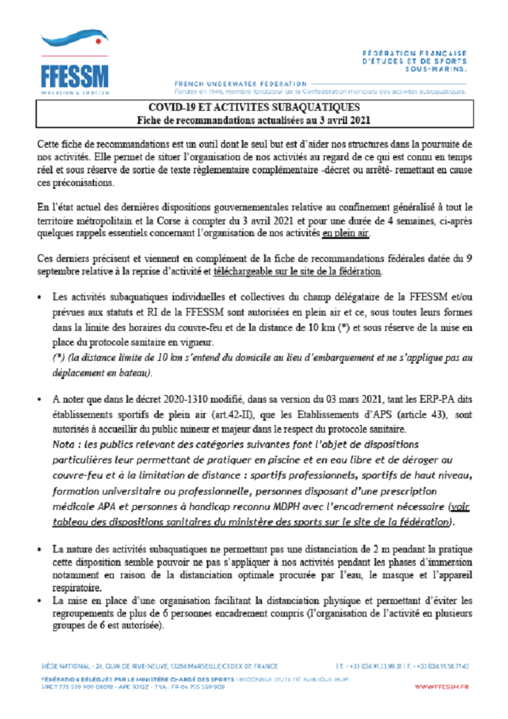 Fiche FFESSM actualisée le 03 avril 2021